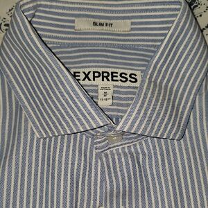 Express Men's Slim Fit Blue and White Striped Shirt